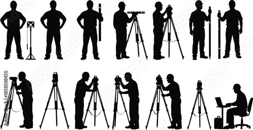 Surveyor silhouettes with tripod equipment land measurement workers construction engineering profession black vector illustration isolated white background set design collection