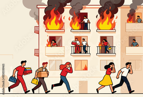 A building is on fire, with residents evacuating and carrying belongings