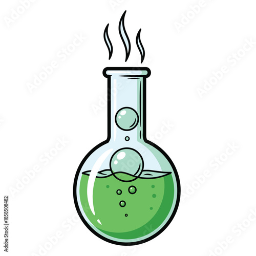 Laboratory Flask with Green Liquid and Bubbles.