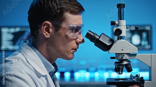 Scientist examines samples through microscope in laboratory at nighttime