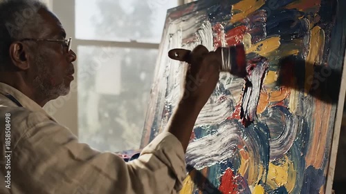 Man creates artwork using bright colors in a sunlit studio during daytime