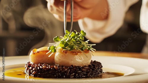 Cooking scallops with rice and greens in a kitchen setting during dinner preparations