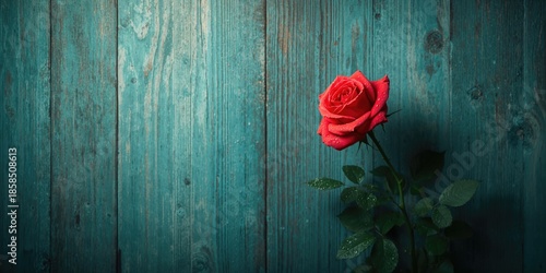 Single red rose blossom on rustic wood surface for floral decor, World Malaria Day
