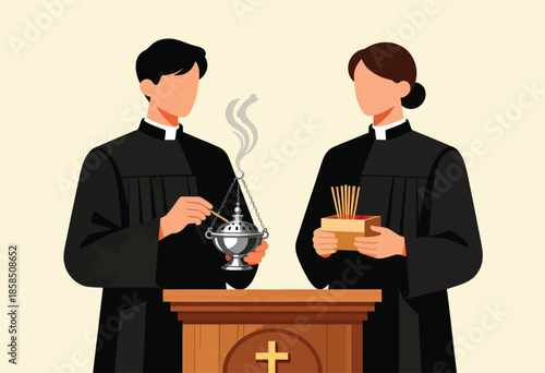 Clergy members in robes perform religious rites with incense and prayer sticks