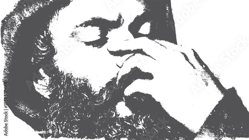 Closeup of a man with a beard and hair. Black and white vector illustration showcasing emotion and expression in a minimalist style.