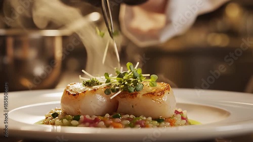 Chef prepares scallops on a plate with fresh herbs in a busy kitchen setting