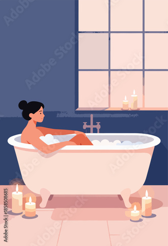Woman relaxing in a bubbly bathtub surrounded by candles and soft light