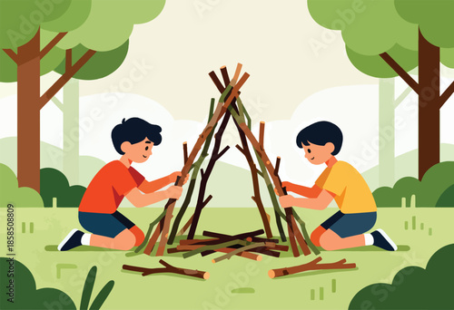 Children build a hut from sticks in a woodland setting
