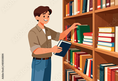Cheerful person smiles while selecting book from wooden shelf