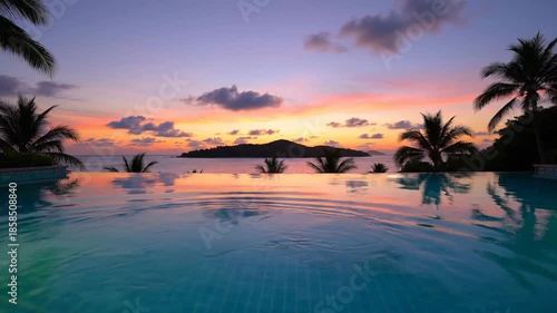 Sunset view from infinity pool on tropical island in evening sky