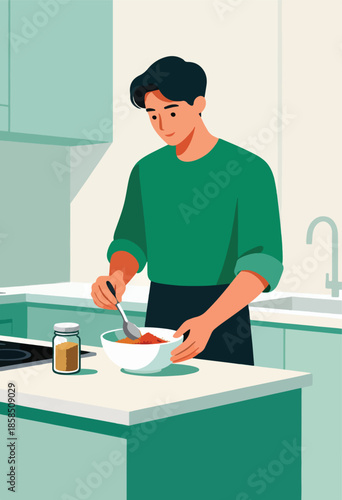 A person in a green shirt prepares food in a modern kitchen, mixing ingredients in a bowl