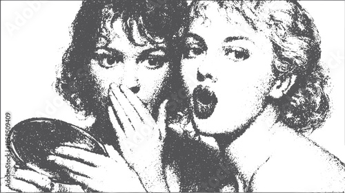 Two women share an expressive moment in a vintage black and white set. This illustration showcases beauty and emotion with a vector design.