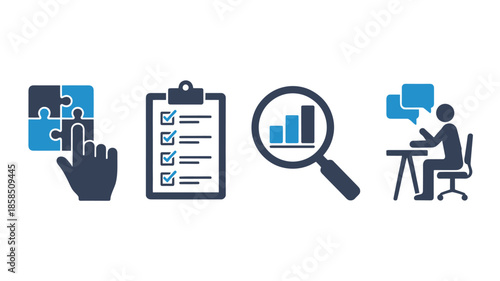 Data Analysis Icons in Minimalist Style with Dark Blue Color on White Background for Business Infographics