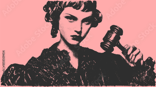 Female judge holding a gavel in a pop art set. Vector illustration showcasing authority and professionalism with a modern, vintage design.