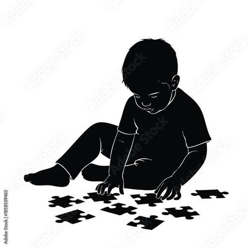 A cartoon silhouette of a cute young boy sitting on the floor, playing with puzzle pieces on a white background.
