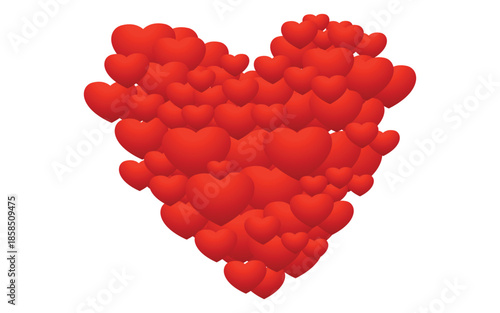 Cluster of multiple vibrant red three dimensional hearts forming a large heart shape design