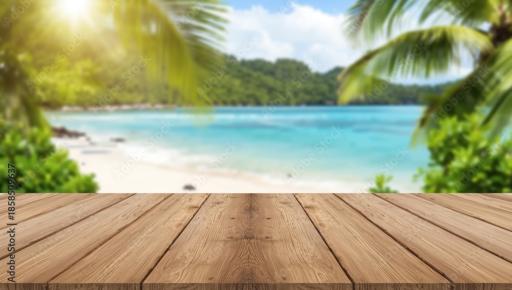 Fototapeta premium Tropical landscape seen from a wood table setting, suitable for seasonal nature backgrounds in spring or summer
