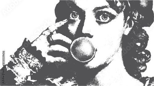 Vintage portrait of a woman with a bubble. Classic black and white vector illustration showcasing intricate details in this artwork.