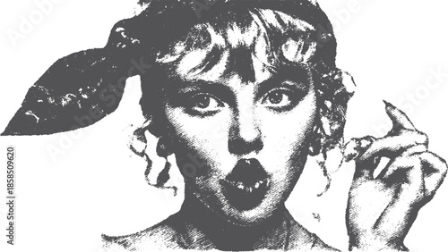 Vintage woman face illustration in black and white. Textured graphic design highlights expression and hair in a vector set.