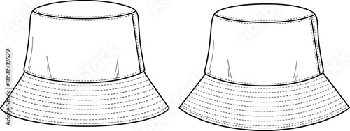 Bucket hat outline illustration set minimal stitched summer headwear fashion accessory isolated line art vector design template sewing pattern technical