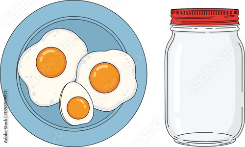 Fried eggs breakfast illustration with sunny side eggs on plate and empty glass jar isolated food vector set design elements