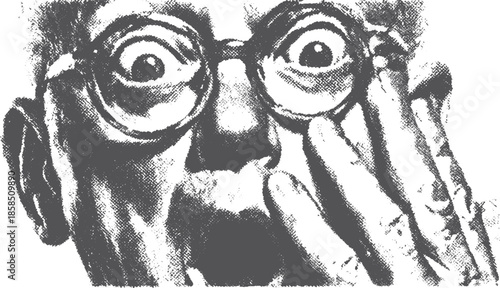Surprised face illustration with expressive eyes and glasses. This vintage vector illustration features a black and white sketch style, highlighting emotion and clarity.