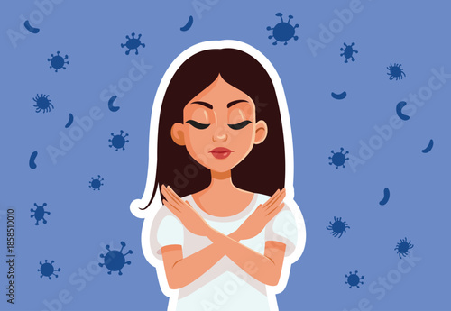 Germophobic Woman Rejects Pathogenic Environment Vector Illustration. Woman says no to the possibility of getting sick  