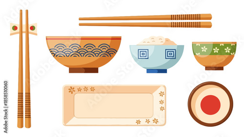 Assorted traditional Asian dinnerware and utensils including bowls and chopsticks on a clean white background in a flat illustration style
