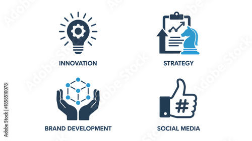Business icons set in modern minimalist style with blue color scheme on white background for marketing templates