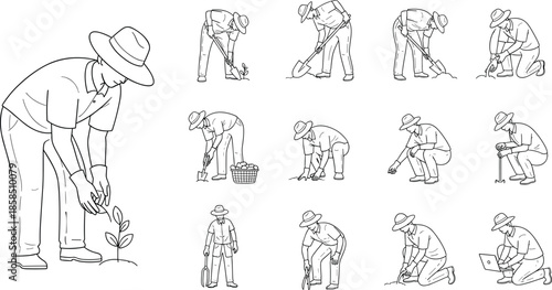 Farmer planting seedlings illustration set, gardening process stages, agriculture line art, rural work, eco farming vector collection design