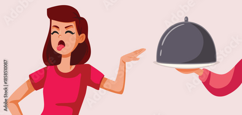 Picky Eater Refusing Food Platter Vector Illustration. Squeamish lady saying no to good meal making a disgusted face