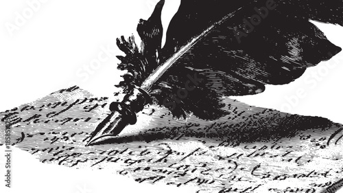 Quill pen and inkwell on vintage scroll. Elegant black and white vector illustration showcasing classic writing tools in a set.