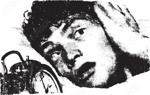An alarm clock startling a shocked face in monochrome. This vector illustration captures emotion and tension effectively.