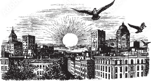 Hand-drawn city skyline with silhouetted buildings at sunset. Black and white vector illustration featuring birds in flight against a scenic background.