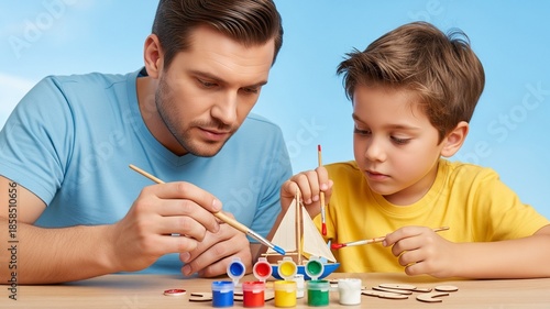 Father and son painting a small wooden boat together enjoying a creative activity.