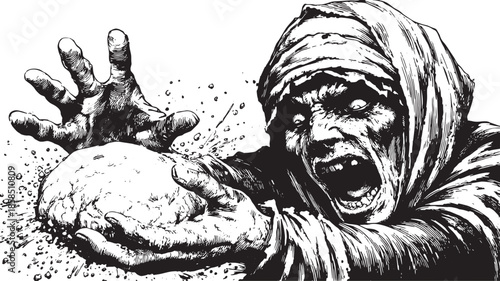 Horror illustration of a monstrous creature with an aggressive expression. Black and white vector illustration depicting a wild hand reaching for the earth.