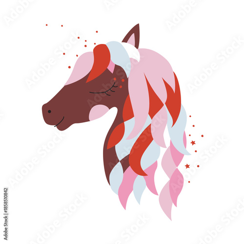 Vector illustration of a wild white stallion horse head with a red ribbon mane featuring a black tribal silhouette design and stylized cartoon sketch art