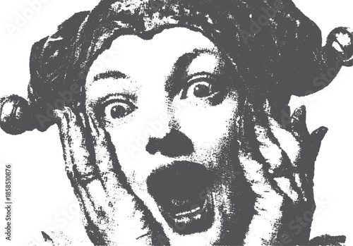 Face with a dramatic scream, showcasing fear and horror. This black and white vector illustration emphasizes strong contrast.