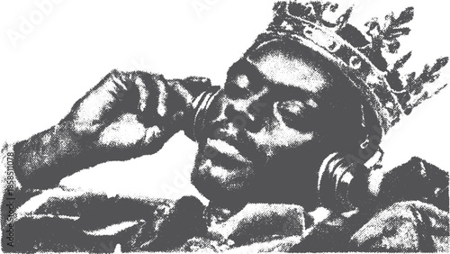 King with headphones listening to music. Monochrome vector illustration showcasing detailed style and artistic elements.