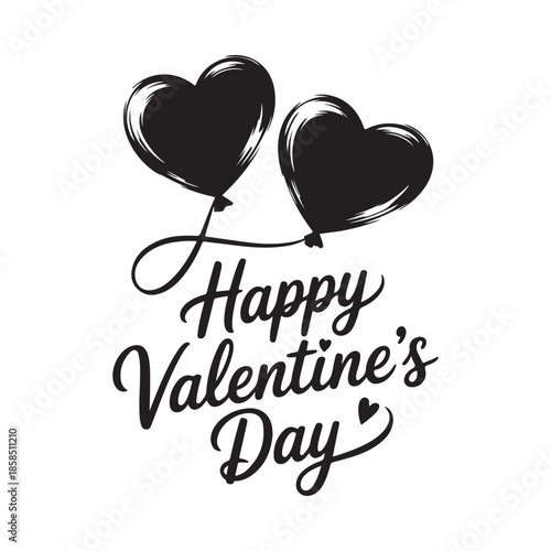 Two heart shaped balloons float above a handwritten happy valentine s day greeting