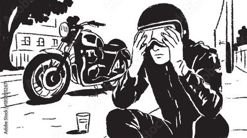 Biker man sitting near a motorcycle on the street. Black and white vector illustration in simple graphic style.