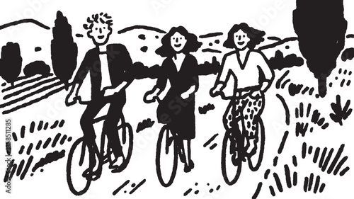 Bicycle group riding outdoors. Simple black and white vector illustration depicting friends enjoying their cycling journey in nature.