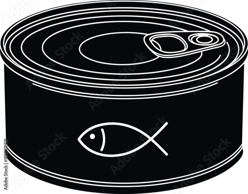 Canned fish tin vector illustration, black tuna container icon, seafood preservation graphic, isolated sardine can silhouette, metal food packaging design, product conservation,