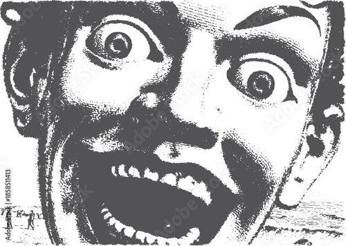 Face illustration with a shocked expression and bold smile in black and white. Vector graphic art showcasing humor and eccentricity in a dramatic style.