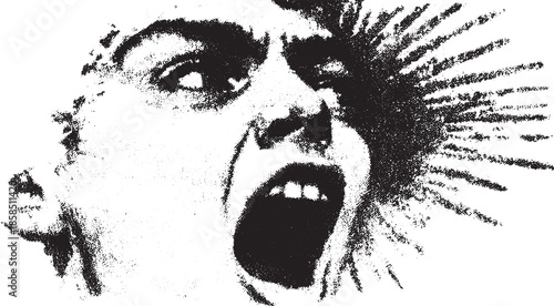 Scream face in black and white style. Dynamic expression and modern vector illustration for graphic design.