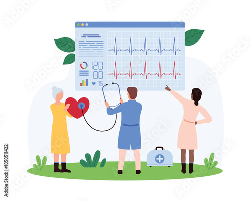 Medical team monitoring cardiovascular health. One uses a stethoscope, another points to an ECG display, while a third holds a heart model, symbolizing comprehensive heart care vector illustration.
