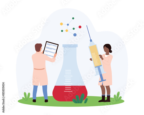 Scientists conducting chemical research with a large flask and a giant syringe. One records data on a clipboard, while another prepares a solution vector illustration.