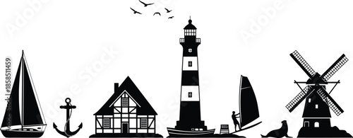 Coastal nautical silhouettes set, lighthouse, sailboat, anchor, windmill, sea lion and cottage icons, black maritime nature elements, isolated beach travel vector graphics,