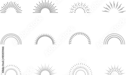 Vintage starburst set. Sunburst shapes, bursting sun rays, sunrise, sunshine. Radial fireworks burst, sunset and Rays, star beams, sparkle elements. Vector Retro starburst hand drawn label, classic