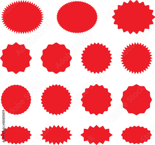 Starburst red sticker set collection of special offer sale oval and round shaped sunburst labels and badges. Promo stickers with star edges.